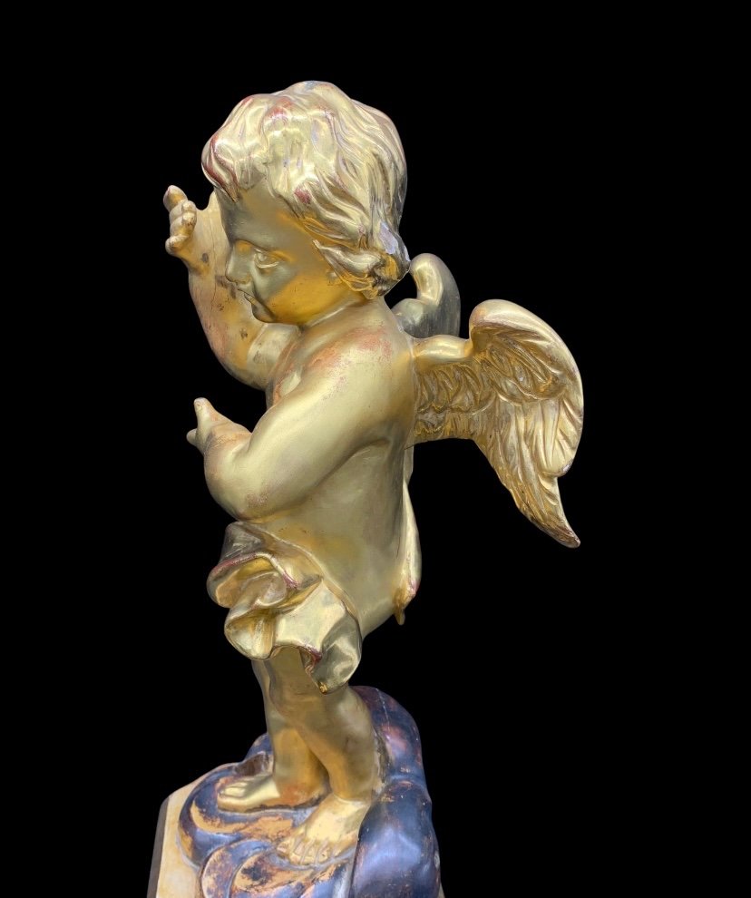 Angel / Putto / Angel Sculpture In Carved And Gilded Wood With Gold Leaf - Louis Philippe-photo-4
