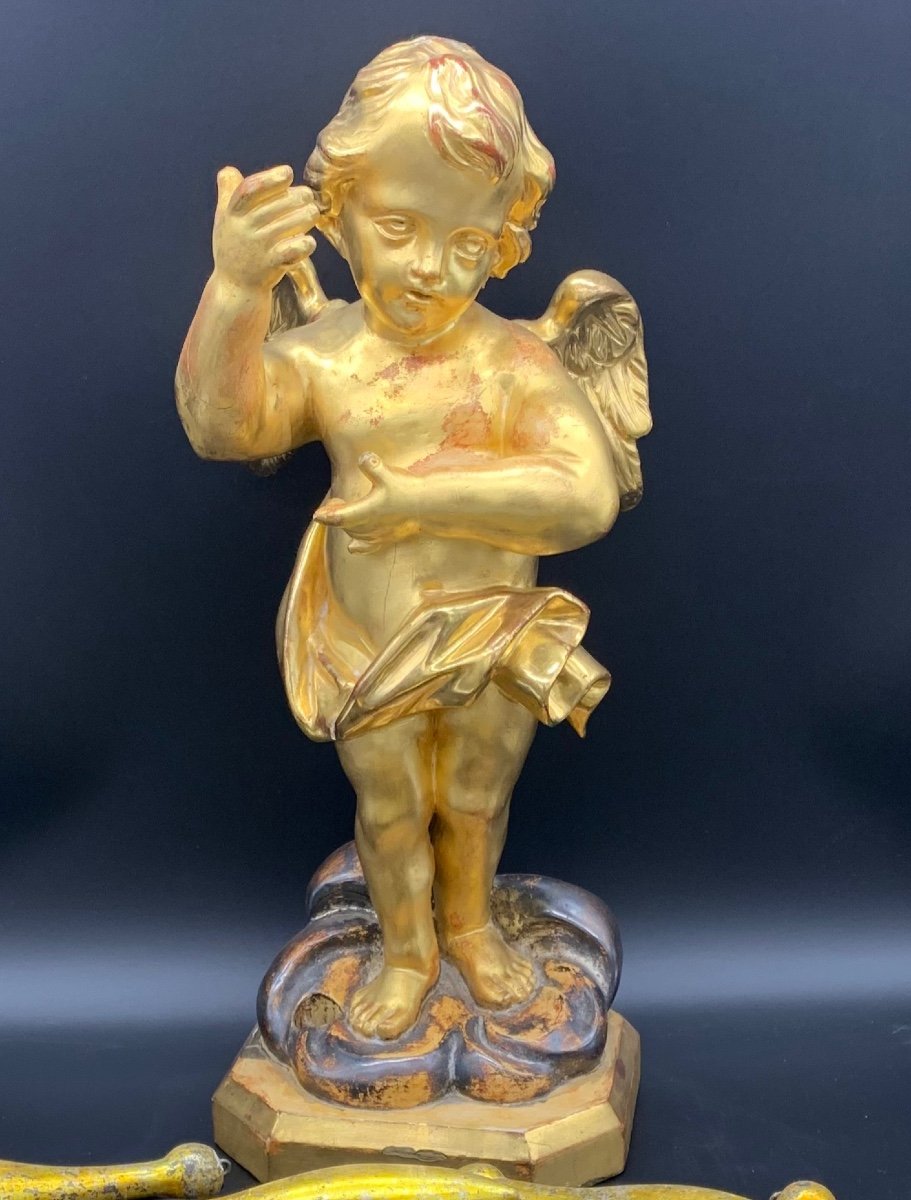 Angel / Putto / Angel Sculpture In Carved And Gilded Wood With Gold Leaf - Louis Philippe