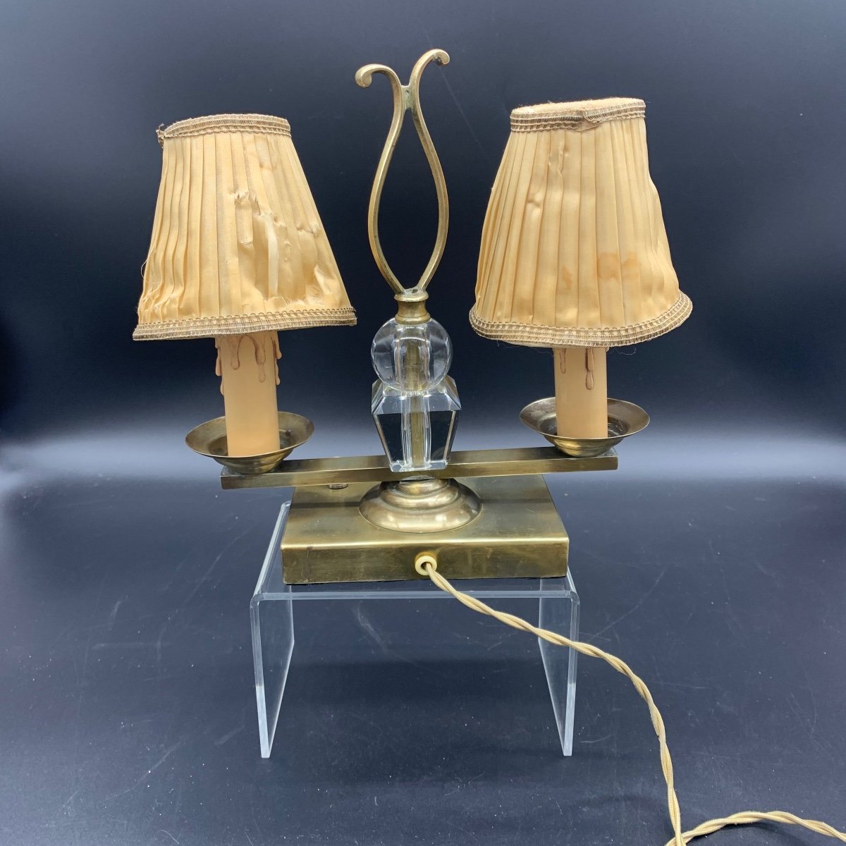 Lampe De Table à Deux Lumières, Abat-jour Vintage - Années 1950-photo-3