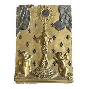 Panel, Gilded Wooden Bas-relief With Angels - 19th Century