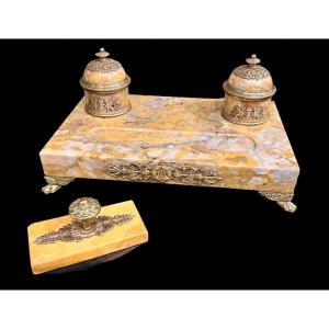 Golden Bronze And Marble Inkwell, 19th Century