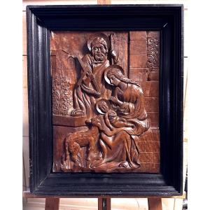 Wooden Relief Sculpture, Carved Panel "holy Family" - 19th Century