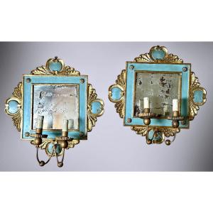 Paire De Miroirs Laqués Et Dorés - XIXe Siècle