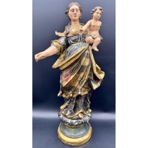 Carved, Polychrome, And Gilded Wooden Madonna And Child, Genoa, 17th Century