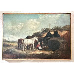 Painting, Oil On Canvas, "farmers At Rest With Horses" – Early 19th Century