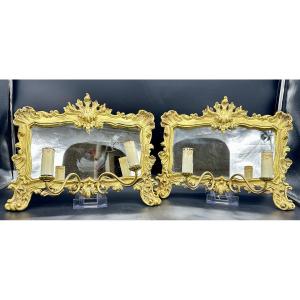 Pair Of Mirrors With Gilded Bronze Sconces – Italy, Late 19th Century, Louis Style