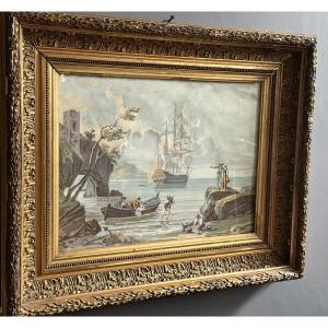 Coastal Landscape With A Sailing Ship – Watercolor On Paper, 19th Century