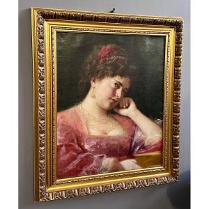 Peinture à l'huile sur toile « Portrait de jeune femme pensive » – Fin du XIXe siècle
