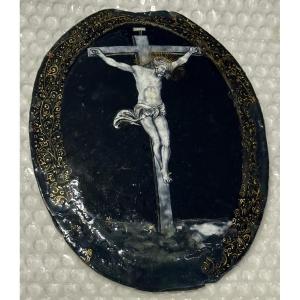 Limoges Enamel Plaque Depicting Christ On The Cross - France, 19th Century