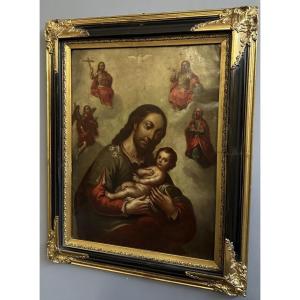 Painting, Oil On Copper, “st. Joseph With The Child And The Glory Of The Trinity” – 18th Century