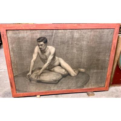Large Charcoal Drawing Of A Male Nude Signed "a. Peluzzi