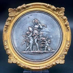 Bas-relief Rond En Cuivre Argenté - XIX Siècle