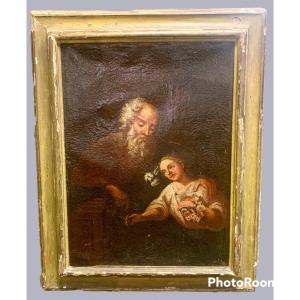 Religious Painting (saint Joseph Or Saint Peter?) And The Child Jesus - XVII Century