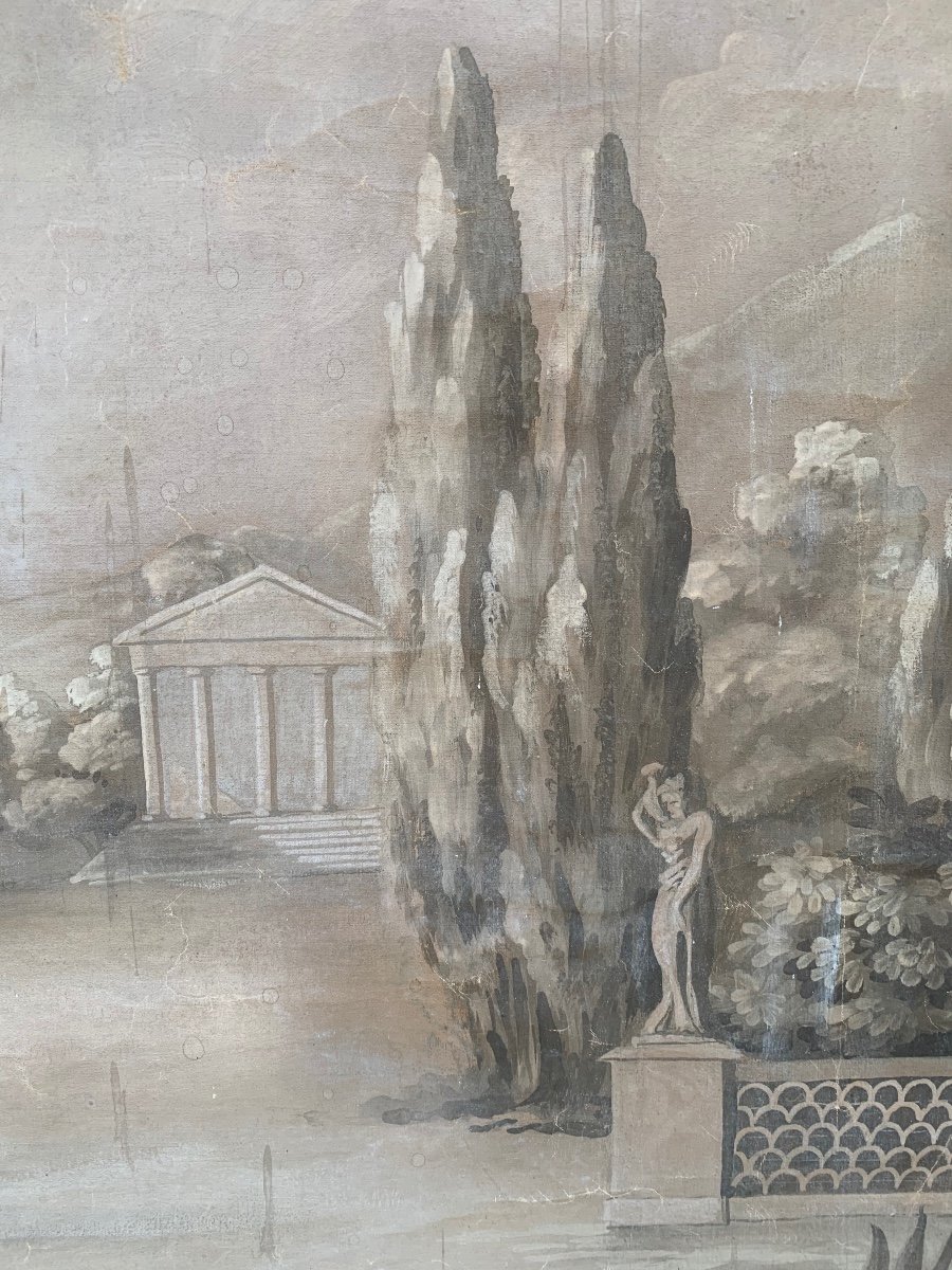 Peinture Monochrome Avec Temple Classique Et Cyprès.  Fin XVIIIe Siècle.  -photo-2