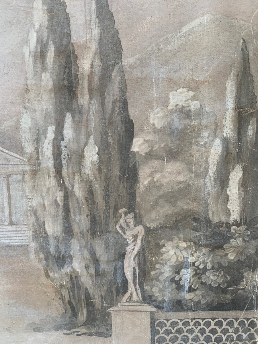 Peinture Monochrome Avec Temple Classique Et Cyprès.  Fin XVIIIe Siècle.  -photo-3