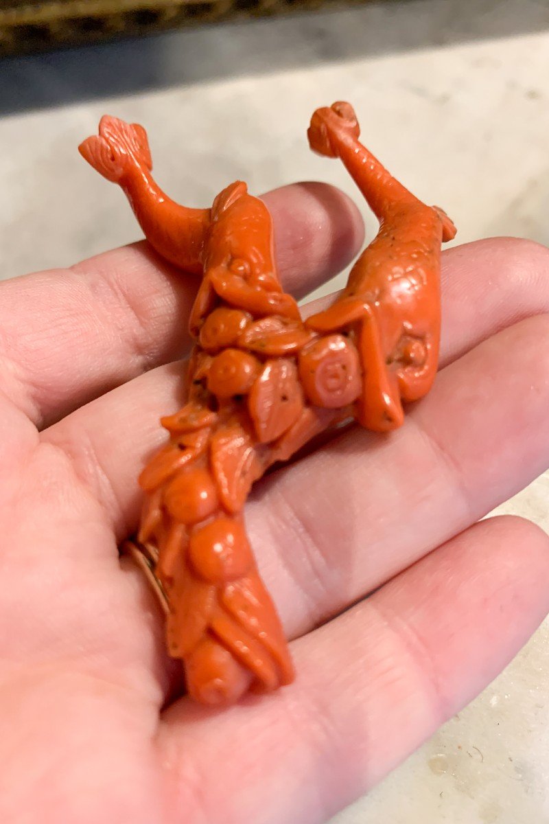 A Carved Coral Sculpture - Amulet  With Two Dolphins. XIX Century-photo-3