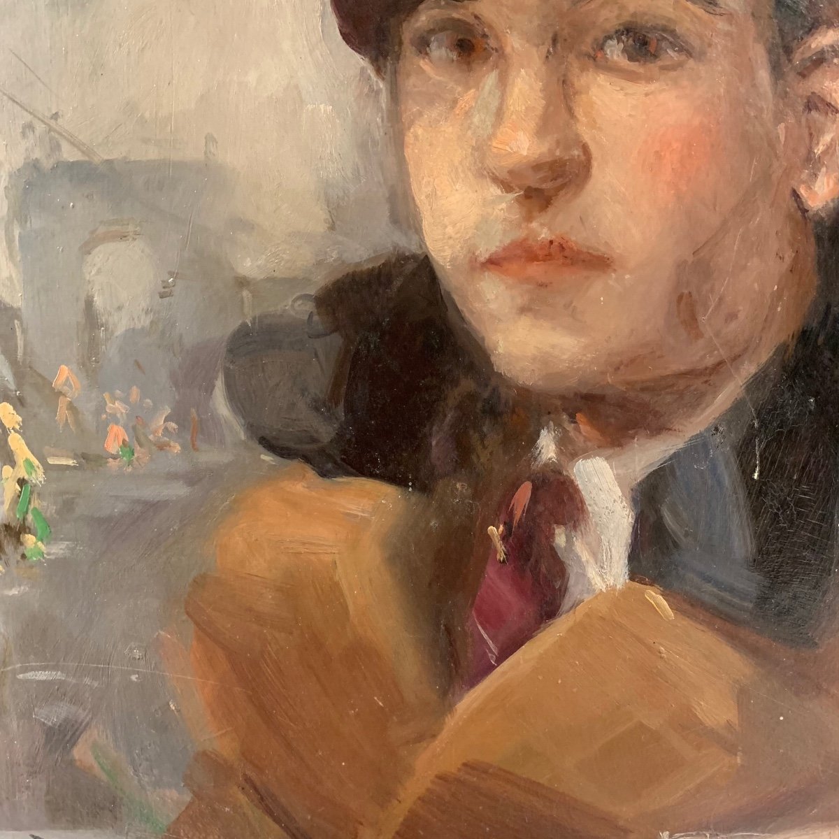 Portrait De Jeune Homme Avec Le Paysage Urbain De Paris.  Vers 1930.-photo-2