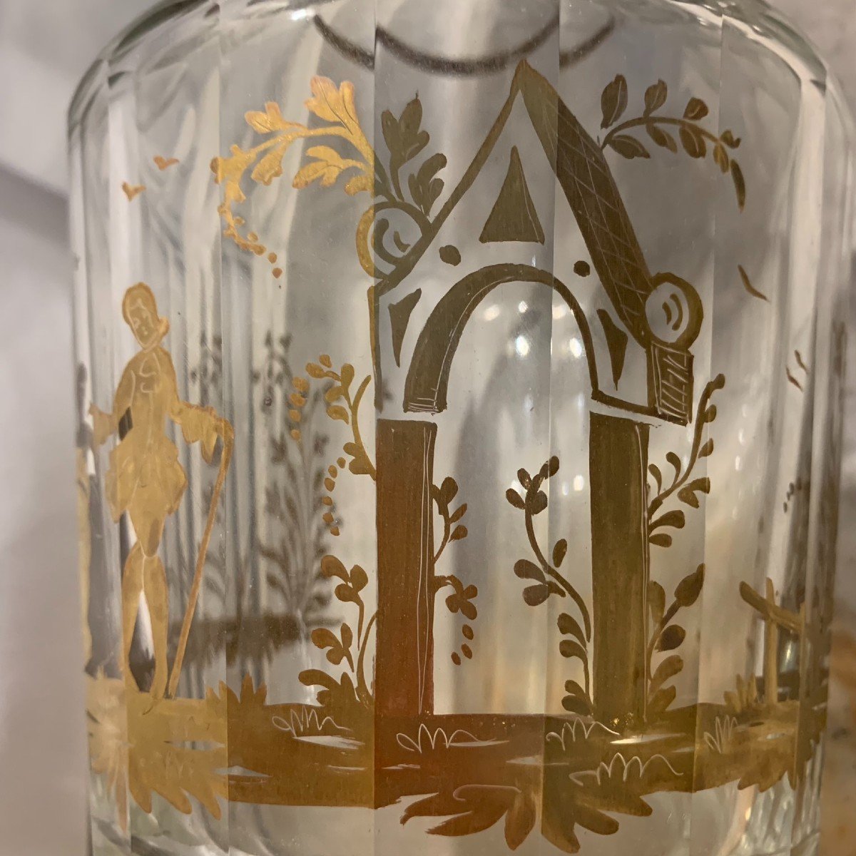 Gold-painted Glass Carafe With Gallant Scenes. Italy. Late 19th Century-photo-3