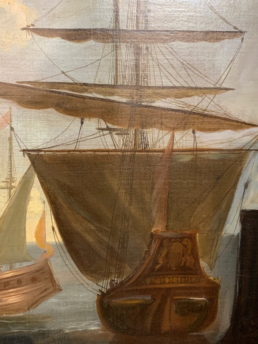 Large Marine Painting With Sailing Ships In The Port. XVIII Century.-photo-7