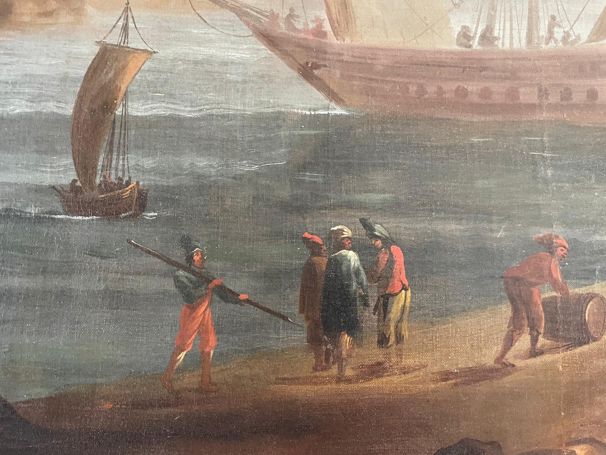 Large Marine Painting With Sailing Ships In The Port. XVIII Century.-photo-1