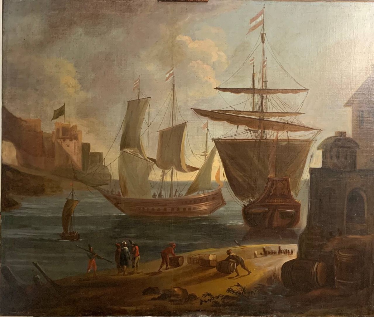 Large Marine Painting With Sailing Ships In The Port. XVIII Century.-photo-8