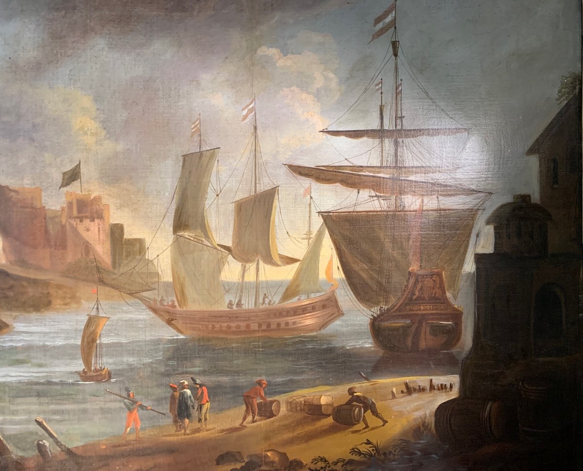 Grand Paysage Marin Avec Des Navires.  Fin XVIIIe Siècle.  