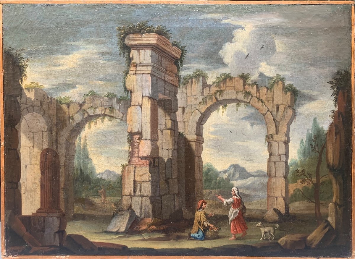 Capriccio Architectural Avec d'Anciennes Ruines Romaines, Colonnes Et Arches.  Année 1718