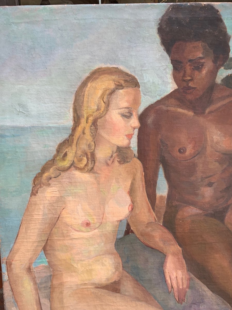 Circa 1940. Art Deco Painting With Female Nudes. -photo-4