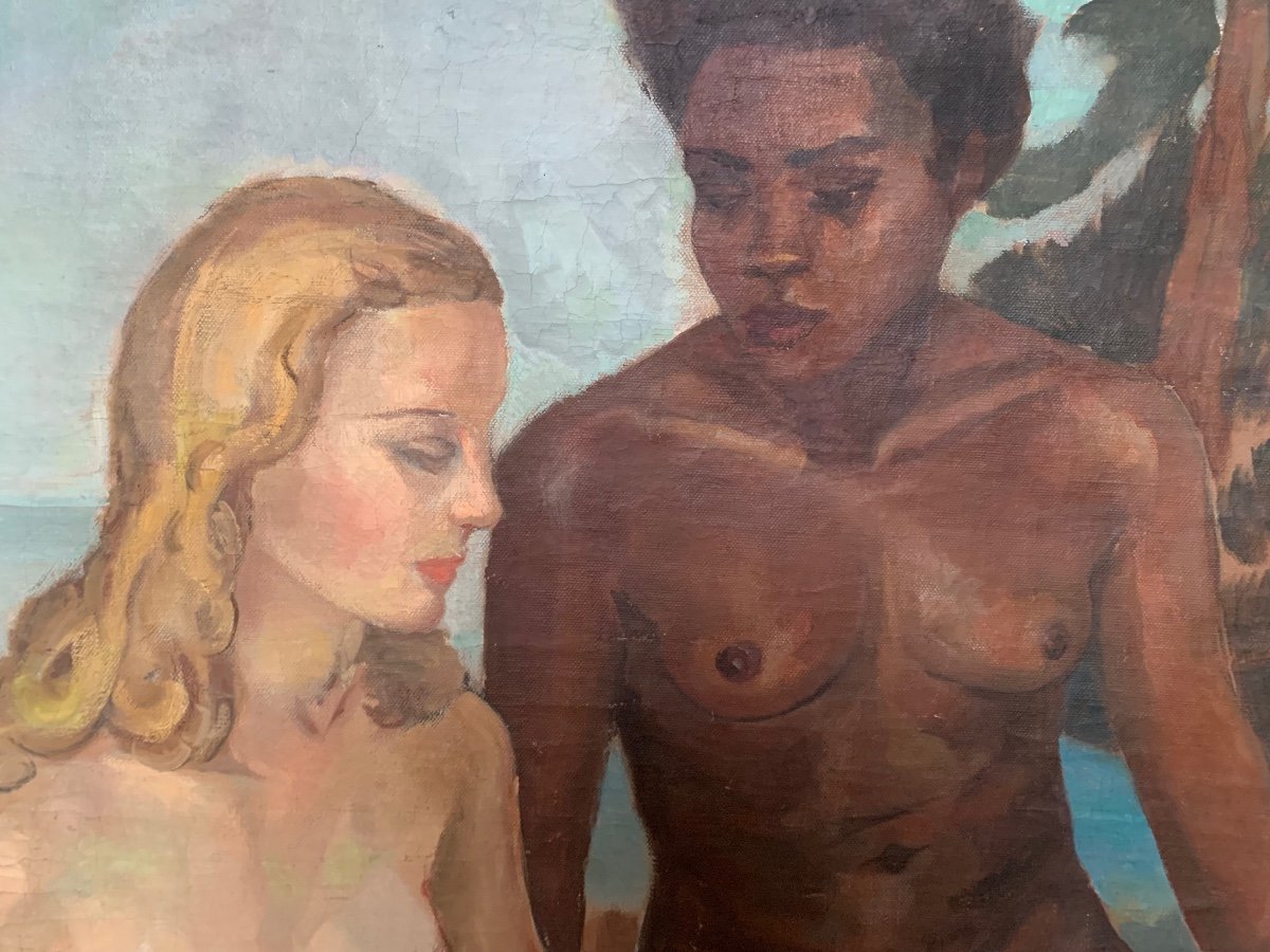 Circa 1940. Art Deco Painting With Female Nudes. -photo-2