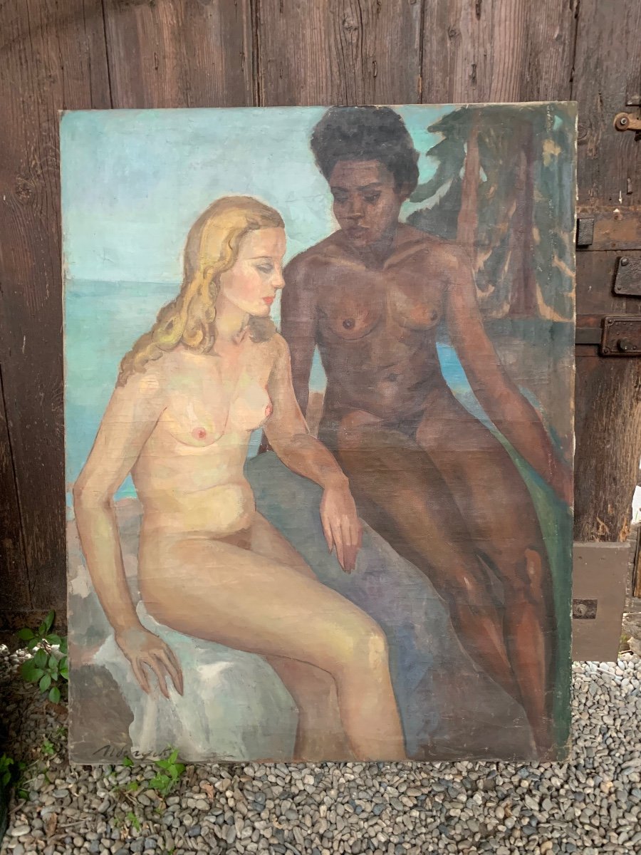 Circa 1940. Art Deco Painting With Female Nudes. -photo-4