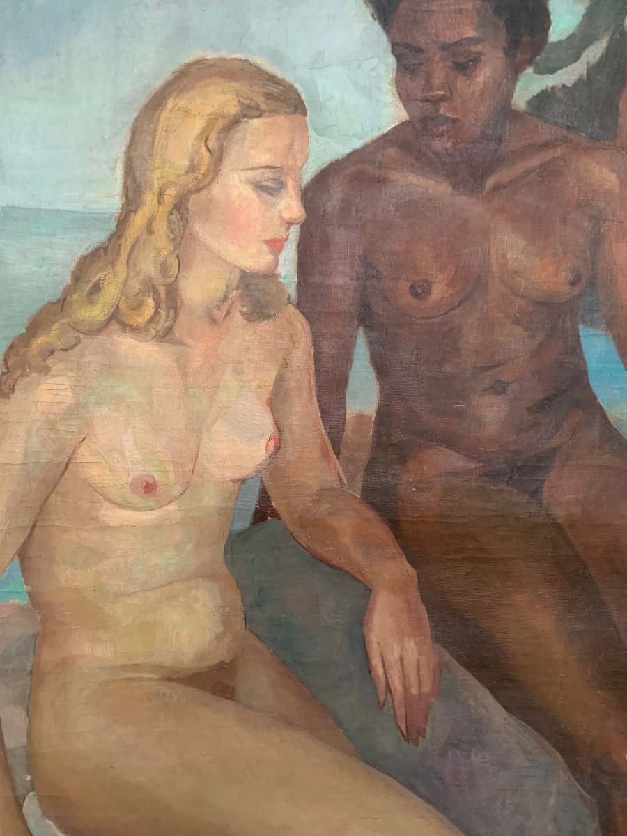 Circa 1940. Art Deco Painting With Female Nudes. -photo-5