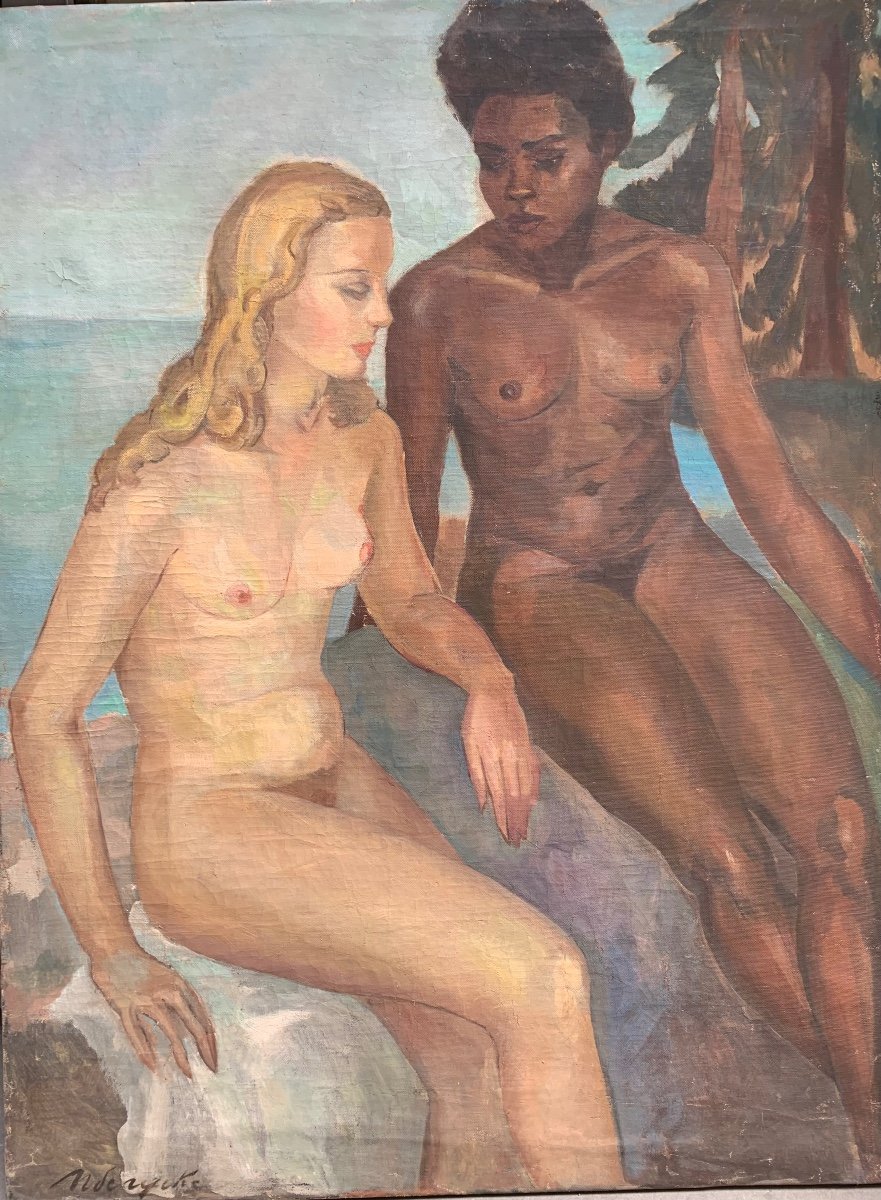 Circa 1940. Art Deco Painting With Female Nudes. 