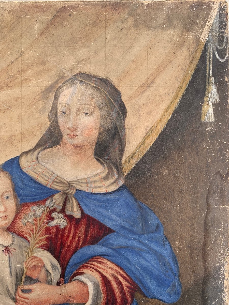 Virgin With Child Jesus.  Gouache On Parchment.   17th Or 18th Century.  -photo-5