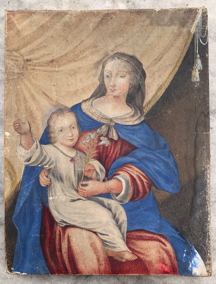 Vierge à l'Enfant Jésus Gouache Sur Parchemin.  17e Ou 18e Siècle. 