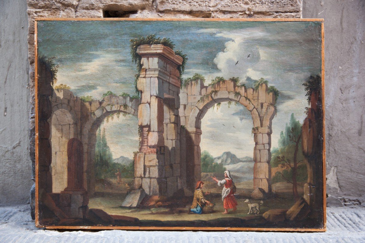 Roman School. Lazio Landscape.  Early 18th Century. Architectual Capriccio With Roman Ruins-photo-5