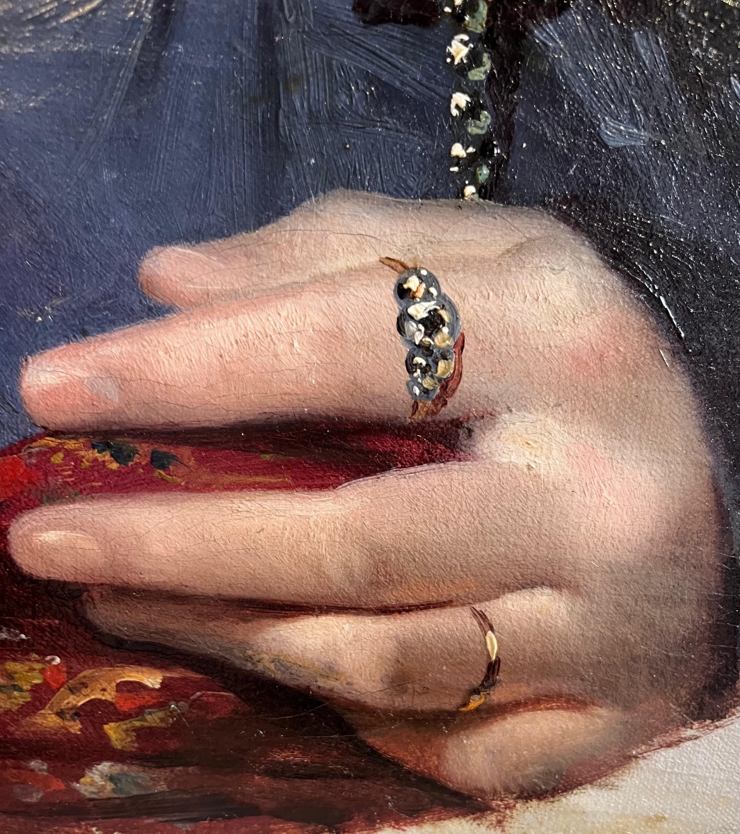 Portrait de dame à la fraise de dentelle et au châle rouge, époque Louis-Philippe  vers 1830-photo-2
