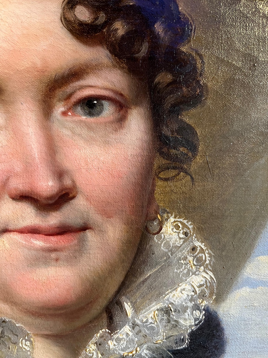 Portrait de dame à la fraise de dentelle et au châle rouge, époque Louis-Philippe  vers 1830-photo-1