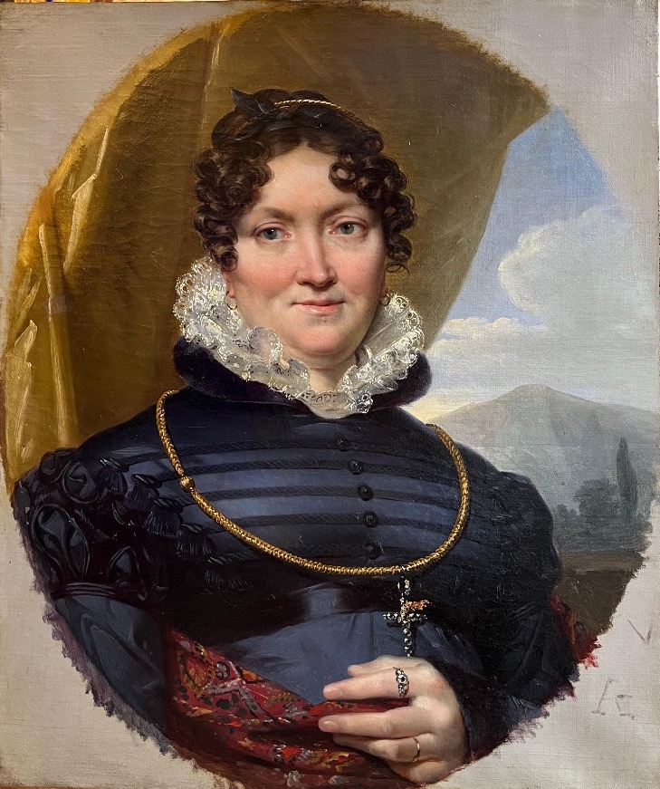 Portrait de dame à la fraise de dentelle et au châle rouge, époque Louis-Philippe  vers 1830