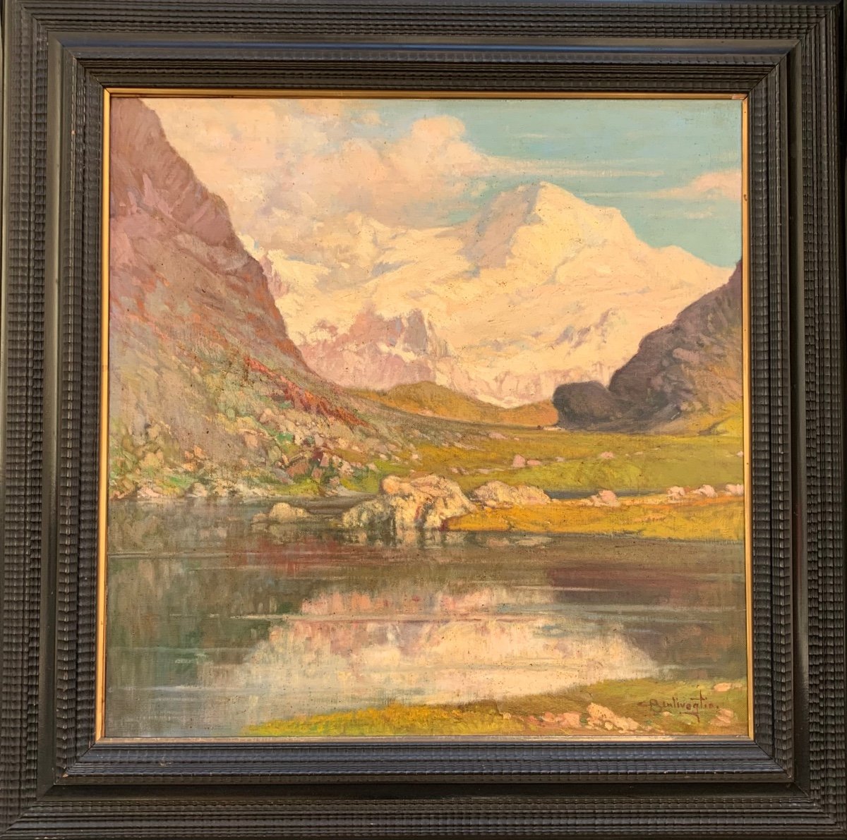 Paysage Des Alpes Ligures Avec Des Sommets Enneigés Teintés De Lumière Rose. Cesare Bentivoglio