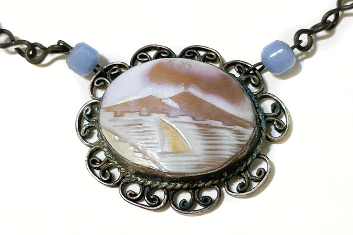 Necklace With Cameo Depicting Vesuvius. Late 19th. Neaples-photo-2