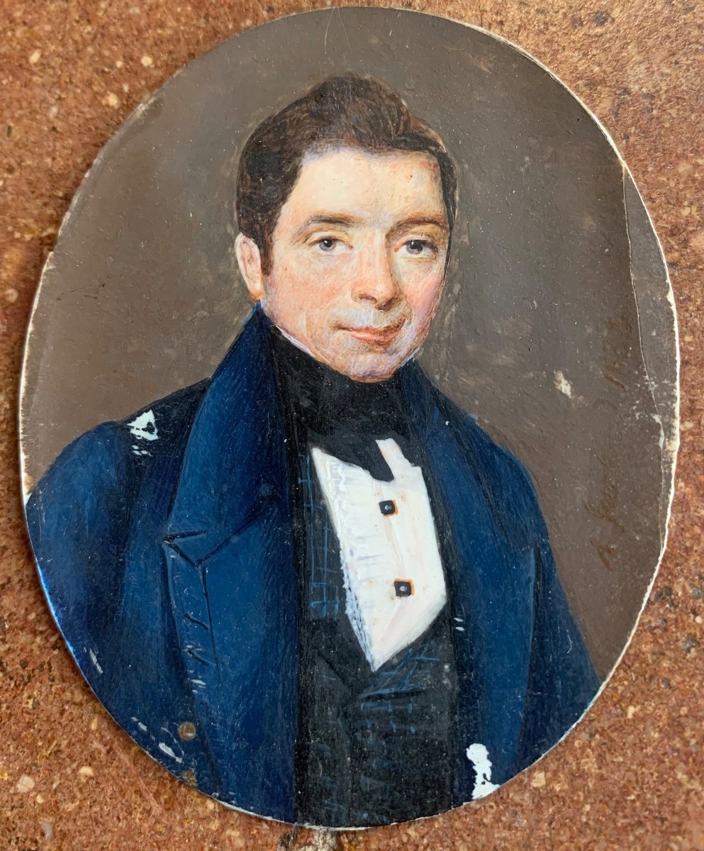A Miniature Portrait Of An Elegant Man In A Black Tie, Pleated Shirt With Jewel Buttons. 1833