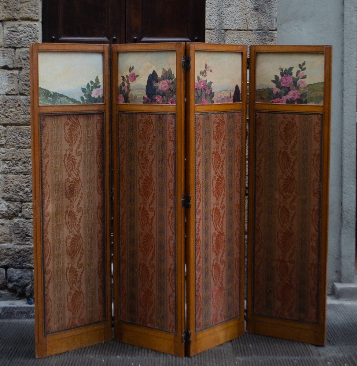 Screen With Fabric Panels Decorated With Paintings