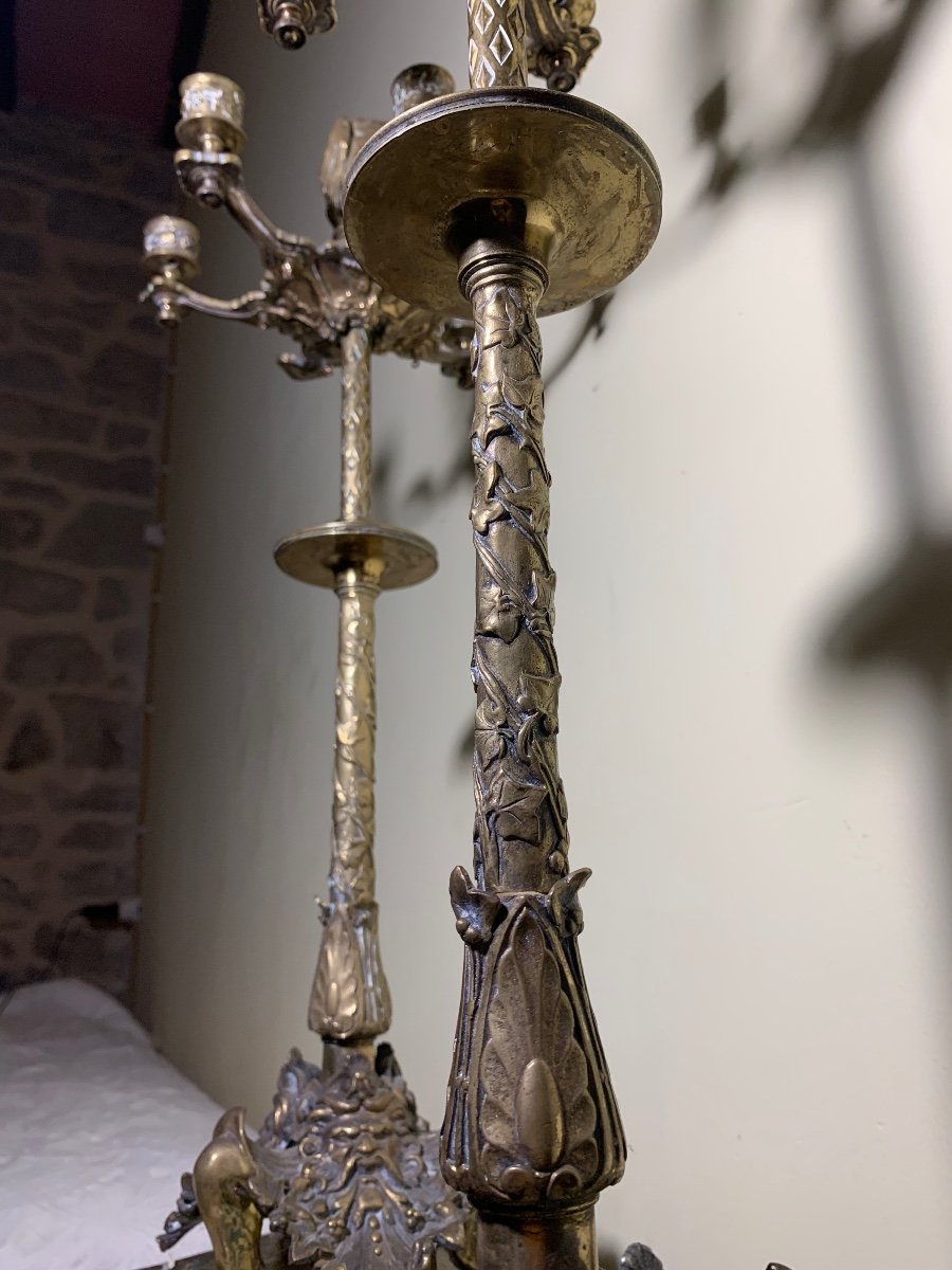 Art Nouveau Eclectic Bronze Candelabras With Herons And Masks, Circa 1890-photo-6