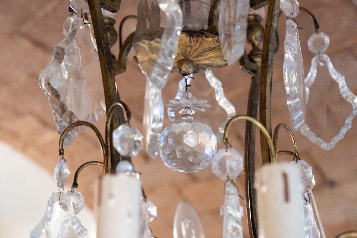 Louis XV Style Cage Chandelier, Maria Theresa Taste, Pyramid Crystals And Fluted Glass Center. -photo-4