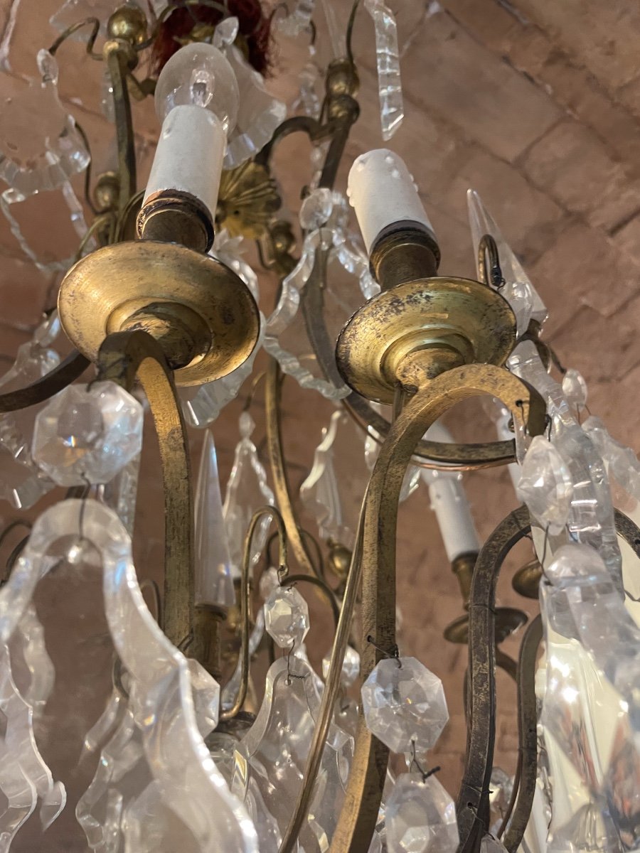 Louis XV Style Cage Chandelier, Maria Theresa Taste, Pyramid Crystals And Fluted Glass Center. -photo-6
