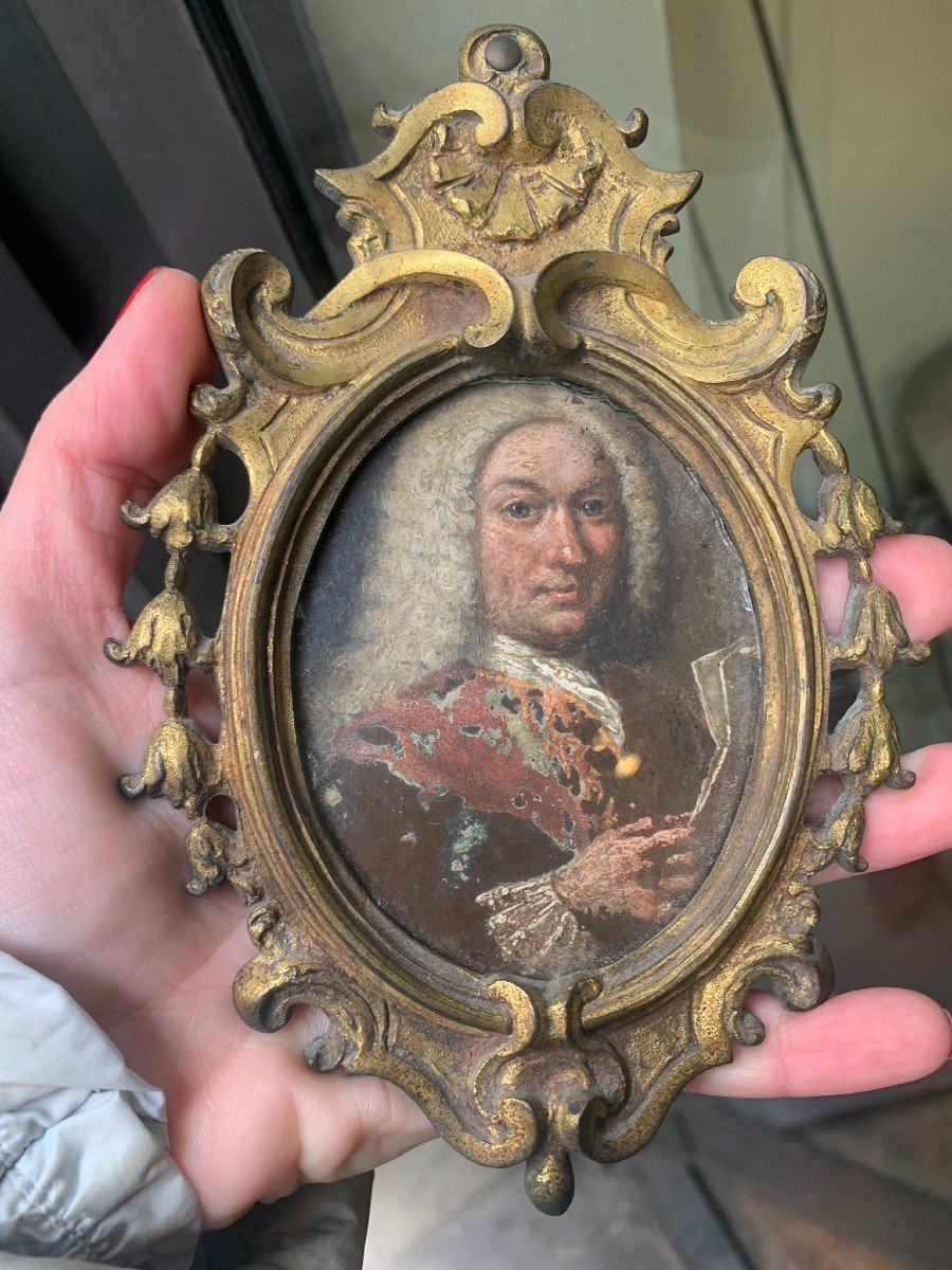 Portrait Sur Cuivre d'Homme Avec Perruque Et Document En Main. Fin XVIIe Siècle   -photo-2