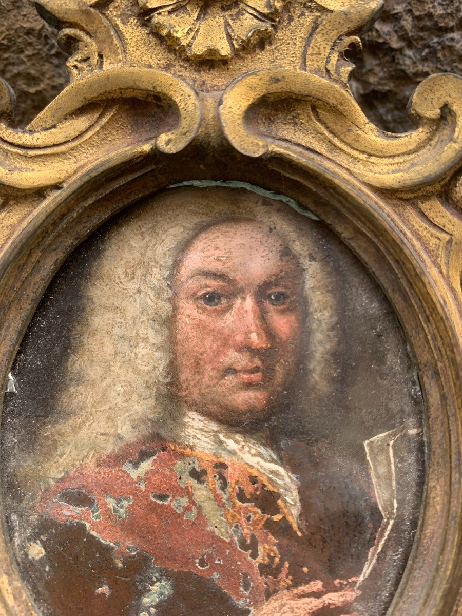 Portrait Sur Cuivre d'Homme Avec Perruque Et Document En Main. Fin XVIIe Siècle   -photo-1