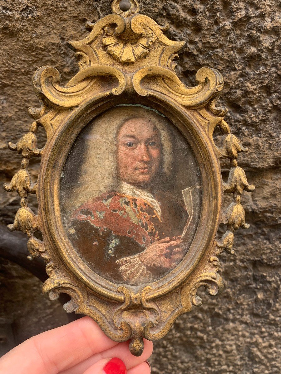 Portrait Sur Cuivre d'Homme Avec Perruque Et Document En Main. Fin XVIIe Siècle   -photo-2