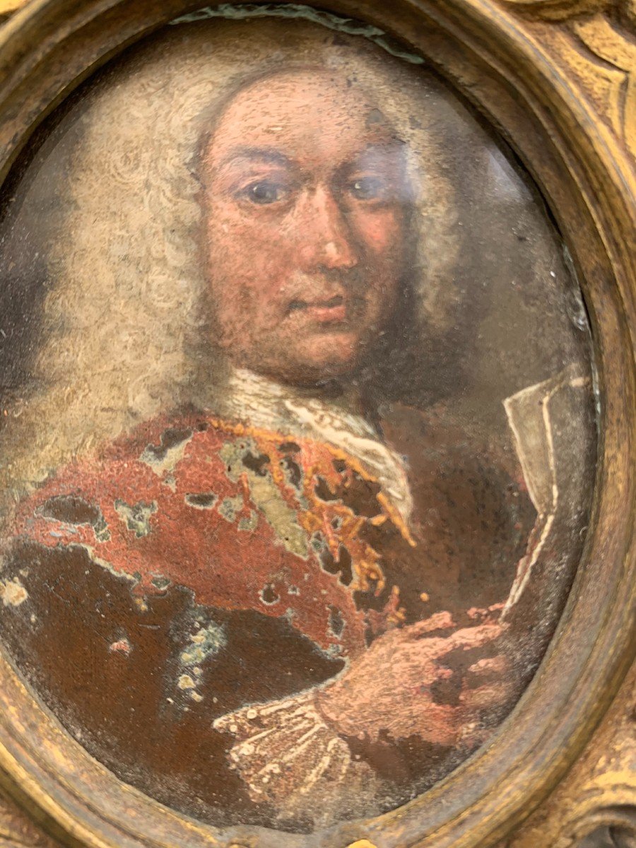 Portrait Sur Cuivre d'Homme Avec Perruque Et Document En Main. Fin XVIIe Siècle   -photo-7