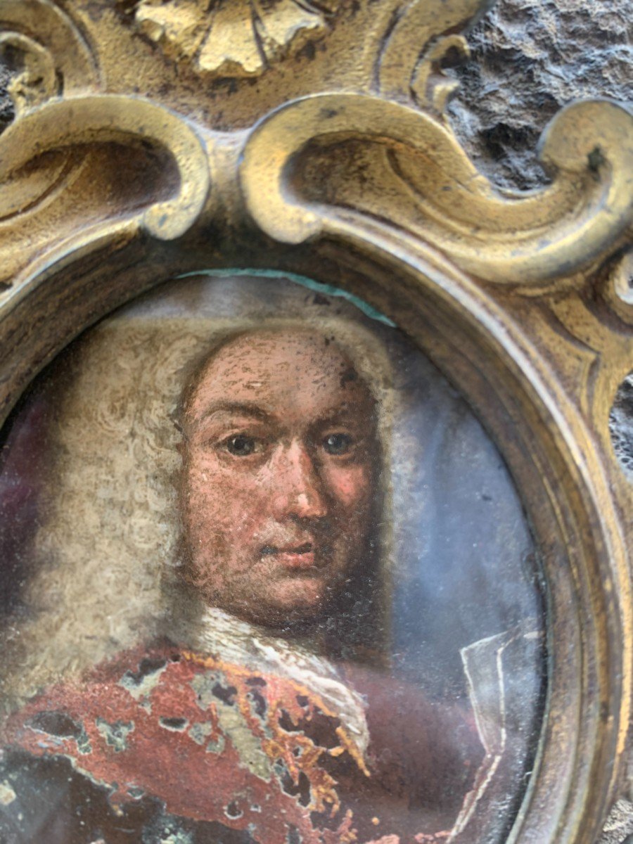 Portrait Sur Cuivre d'Homme Avec Perruque Et Document En Main. Fin XVIIe Siècle   -photo-8